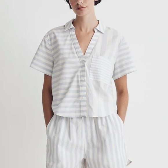 Madewell Y Neck Button up Shirt NL008 Blue White Stripe XS - Picture 2 of 8